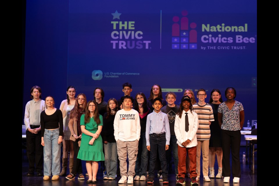 Eighteen students took part in the local competition on Feb. 23, 2024 after their essays were chosen from 234 entries. Students participated in a live quiz event and answered questions from judges to test their civic knowledge. Maya J. from Payne Junior High School took first place, followed by August O., Benjamin A. and Shaurya A.