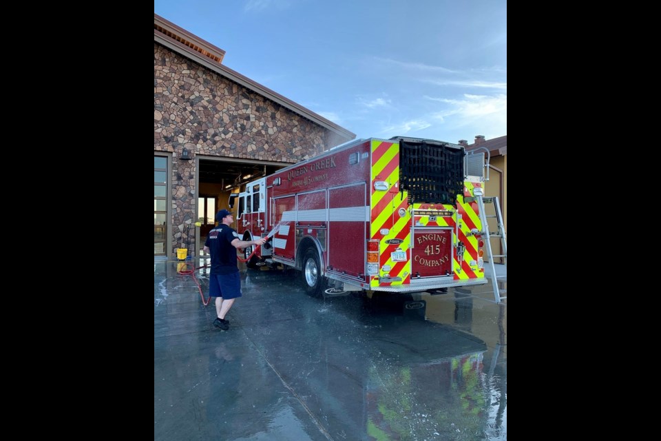 The Queen Creek Fire and Medical Department washes their fire trucks before every shift change and every other day they wipe them down with a cleaning solution to preserve water.