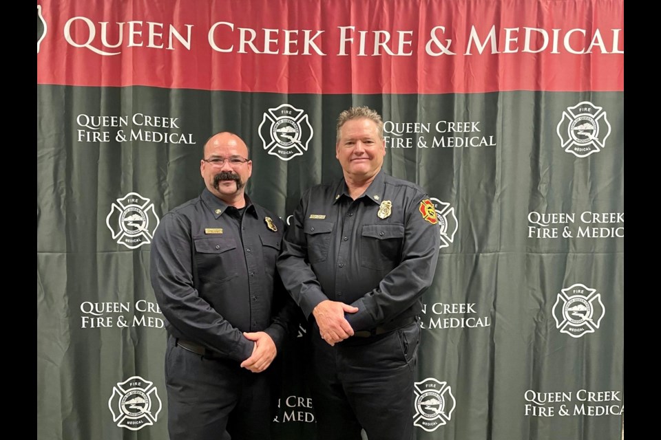 Queen Creek Fire Chief Vance Gray (right) with Matthew Skowron, who has been promoted to deputy chief. He started as a firefighter when the department was established in 2008. Skowron is a third-generation firefighter who was born and raised in Queen Creek.