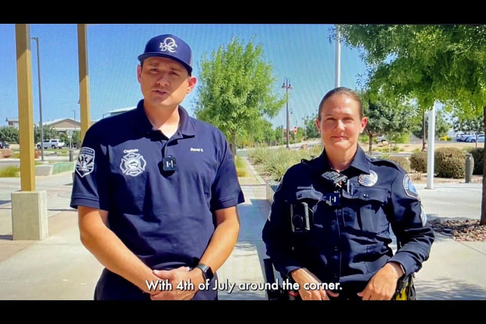 Capt. David Vilt, with Queen Creek Fire and Medical, and Sgt. Megan Erwin, with the Queen Creek Police Department, filmed a YouTube video discussing fireworks safety for residents.
