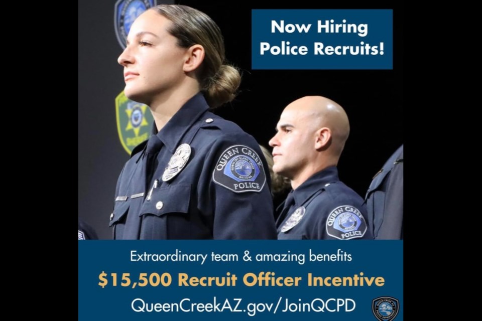 The Queen Creek Police Department is currently hiring police officer recruits. Applications will be accepted through April 21, 2024.