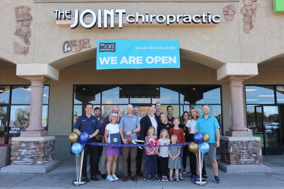 The Joint Chiropractic Power Ranch celebrated the grand opening of its second location in Queen Creek on Feb. 20, 2024. In attendance were Queen Creek Chamber of Commerce staff, local business owners, Queen Creek Town Council members Bryan McClure and Travis Padilla, The Joint Chiropractic owners, family and staff.