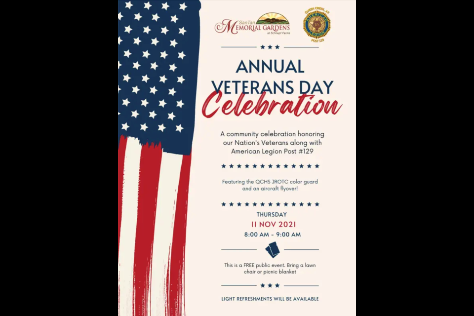 There will be a community celebration honoring veterans at San Tan Memorial Gardens at Schnepf Farms on Nov. 11, 2021. 