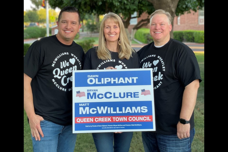 Queen Creek Town Council candidates (from left) Bryan McClure, Dawn Oliphant and Matt McWilliams. The three candidates are campaigning together and all hold the same stances on important issues such as roads and public safety.