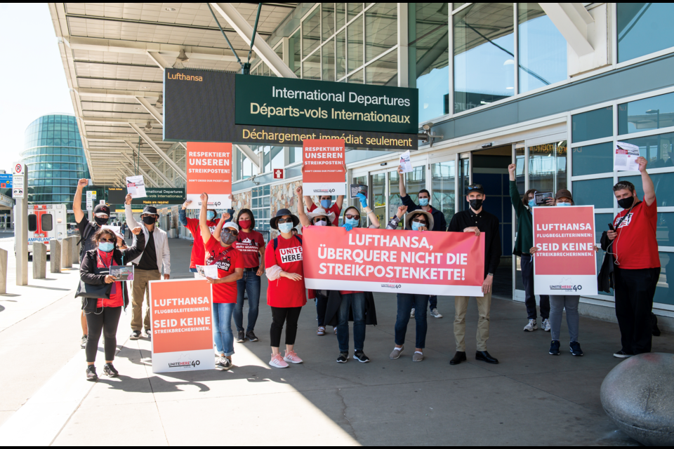 Hilton Metrotown's locked-out workers leafleted German airline crews as they came out of YVR, en route to their hotel in Burnaby