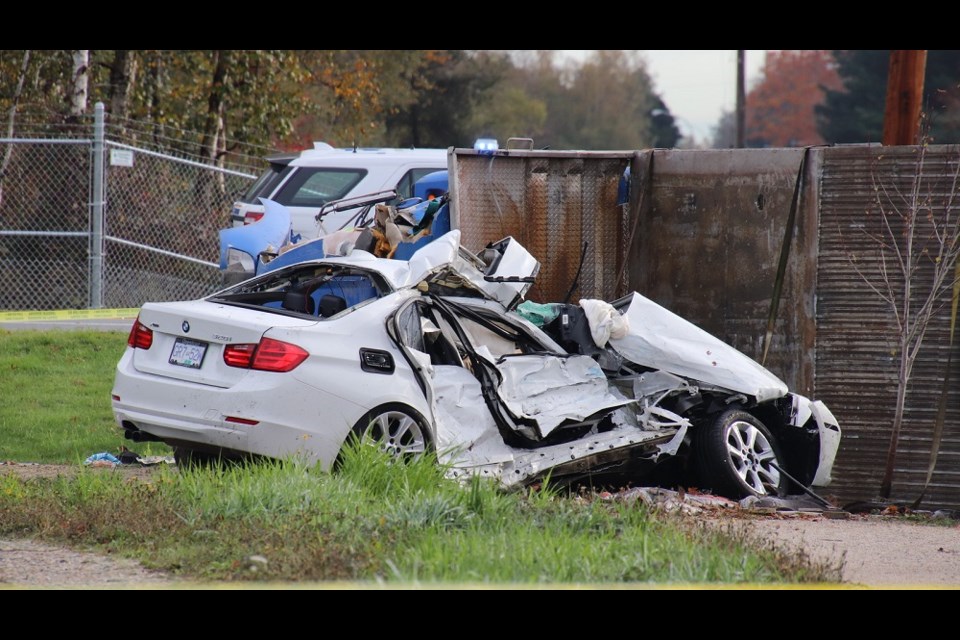 This BMW was crushed after colliding with a truck on Tuesday morning