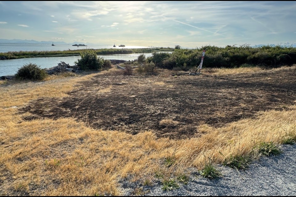 A large area of singed grass was spotted in Garry Point Park.