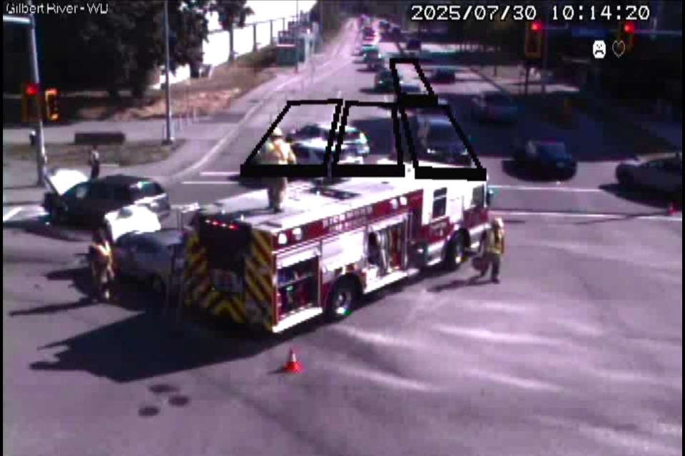 Westbound River Road traffic is blocked by a crash in Richmond at Gilbert Road and River Road on July 30, 2025.