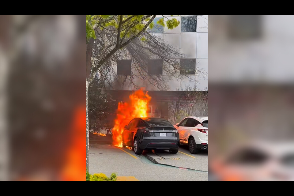 A black Tesla went up in flames outside Yaohan Centre on Saturday, April 20.