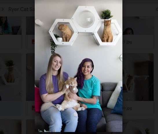 Samantha McConnell (left) and Melanie Eng, with their three cats.
