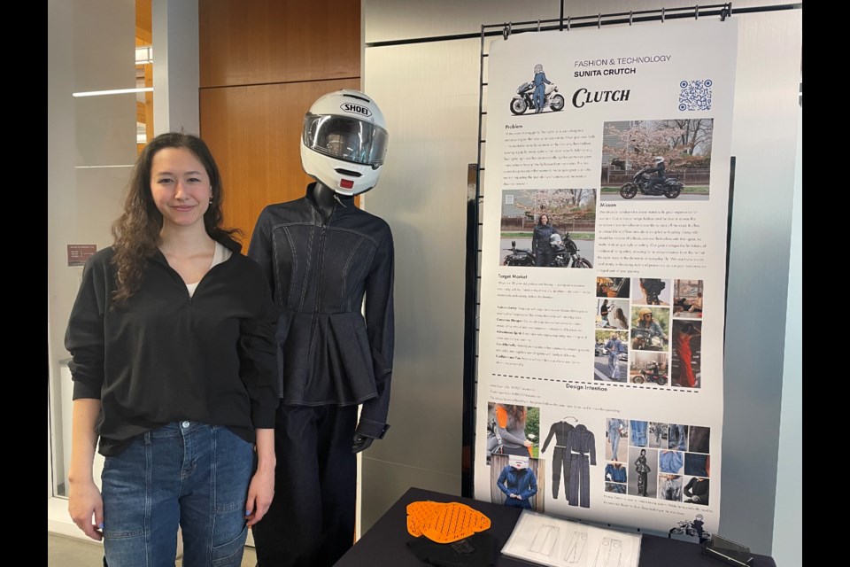 KPU Wilson School of Design student Sunita Crutch with her female motorcycle safety fashion project.