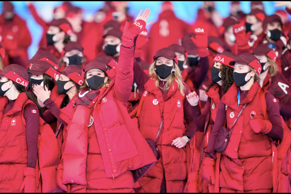 Team Canada athletes were seen wearing bright red puffer coats at the Parade of Nations.