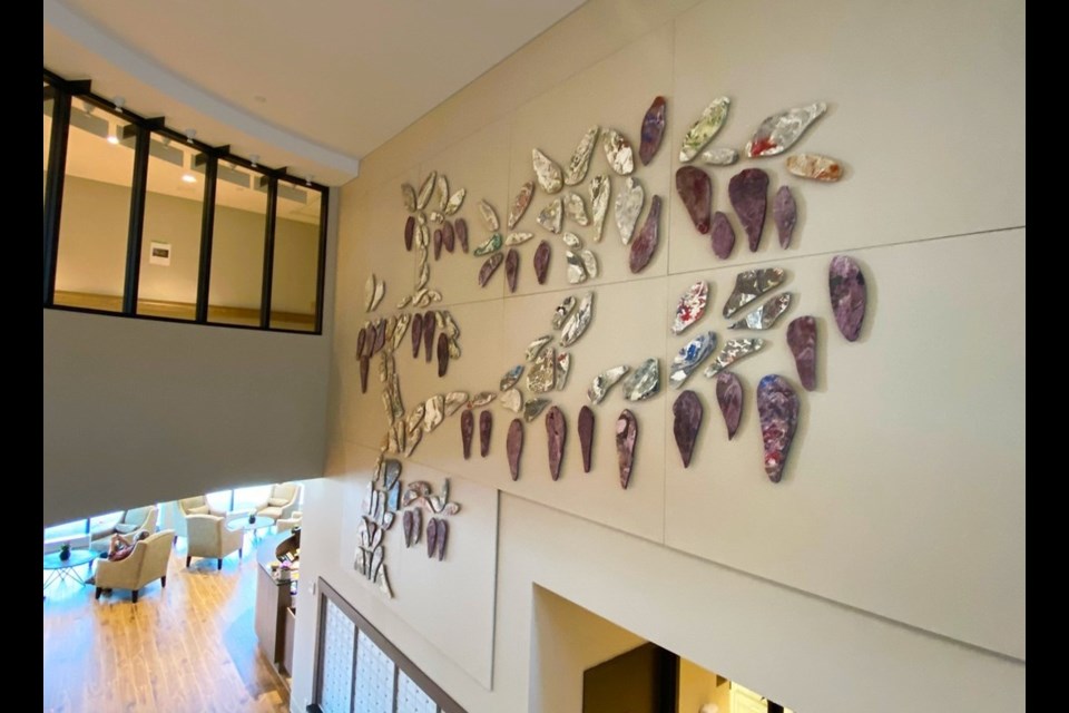 A wisteria tree created by Roger Brenninkmeyer, who made it using about 18,000 plastic bags. It is now placed inside Richmond's Wisteria Place senior's home.