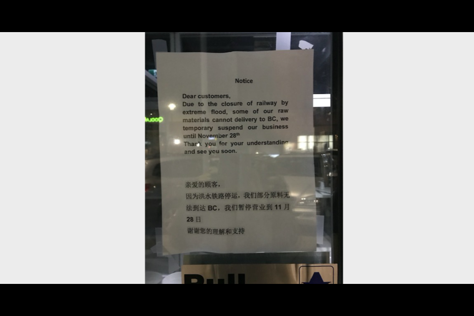A Richmond restaurant was forced to post a notice on its door last week stating it had closed temporarily because some of its raw materials couldn’t be delivered due to flooding. 