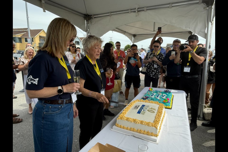 Pajo's Fish and Chips CEO Cindy Plumb (left) and owner Patricia Branch (second from left) at a media celebration for Pajo's 40th anniversary.