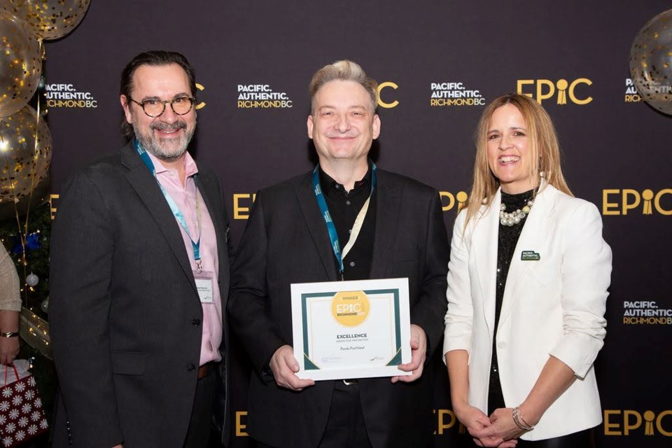 Panda Pod Hotel won the Excellence Award for Innovation at Tourism Richmond's 2023 EPIC awards. (From left) Yannick Simovich, Tourism Richmond Board Chair and Marriott Vancouver Airport
general manager; Rene Hahn, Panda Pod Hotel; Nancy Small, Tourism Richmond chief executive officer