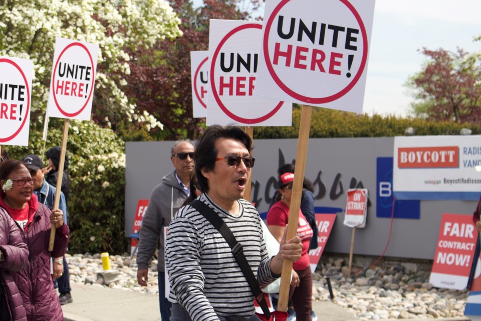 Workers at Richmond’s Radisson Blu Vancouver Airport Hotel, formerly Pacific Gateway Hotel, and their allies held a rally on Friday to mark the third anniversary of their strike.