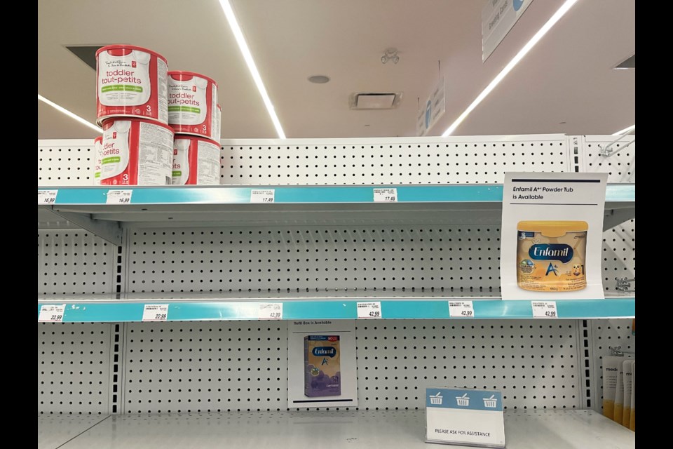 Almost empty shelves at Richmond's Shoppers Drug Mart in their baby formula section.