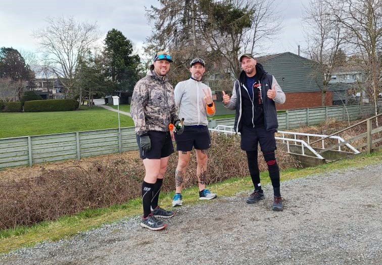 Martin Hauck (centre) accompanied by his friends Jeff Kirkeby (right) and Mike Benedetto set off on the West Dyke Trail on the first leg of their marathon 4x4x48 David Goggins Challenge