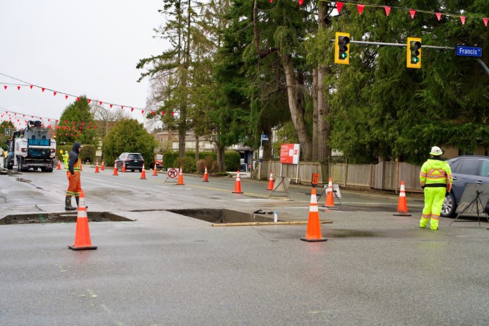 A new sewer line is being laid on Gilbert Road, which will cause lane closures at Steveston Highway on Thursday.