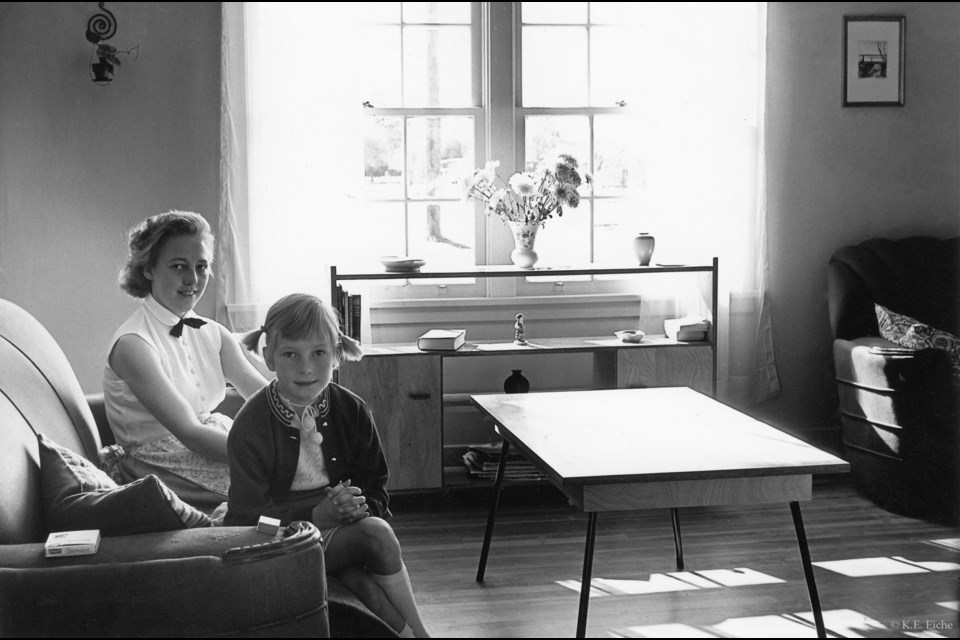 The living room at 329 Douglas Crescent, 26 October 1956. The massive, slightly tattered couch and armchair came with the house, most of the other furniture was built by my father. 