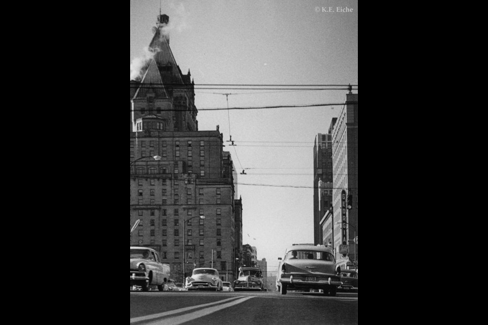 Heading west on Georgia near the intersection with Howe, 1957. Hotel Vancouver is at left. The Georgia Hotel, at right, doesn’t yet have its imposing entrance. 