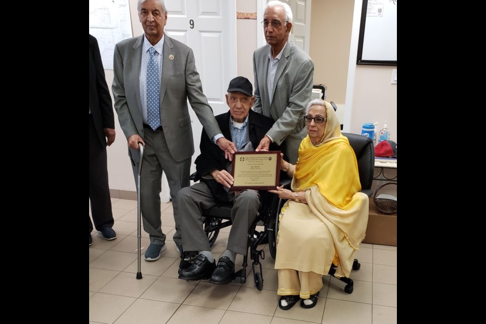 Asa Singh Johal (centre, seated) received an honour from the India Cultural Centre in Richmond in April