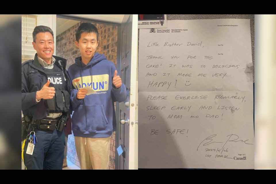 David Zhu posing with Richmond RCMP officer Brian Park, who decided to become his big brother after receiving a surprising party invite through 911.