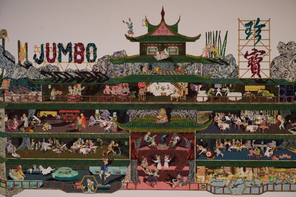A painting at a current exhibit at the Richmond Art Gallery depicts the Jumbo, a Hong Kong floating restaurant that sank to the bottom of the sea in 2022.