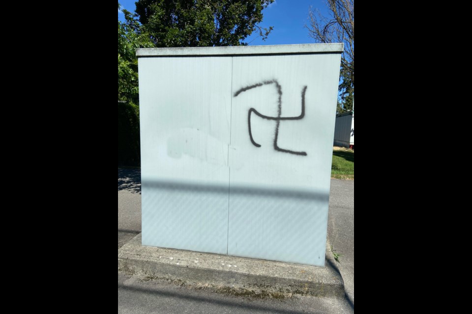 A swastika was among the racist graffiti on this box near the soccer fields at King George Park in Richmond on Sunday. (The Richmond News has altered this image)