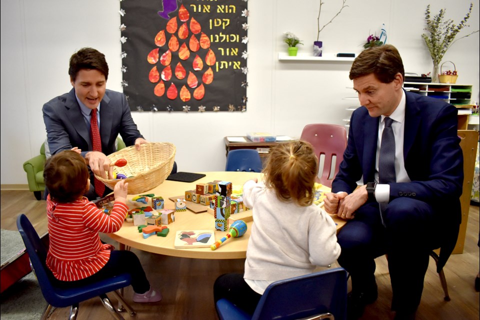 Prime Minister Justin Trudeau and B.C. Premier David Eby were playing with kids at the Richmond Jewish Day School's child care centre on Friday.