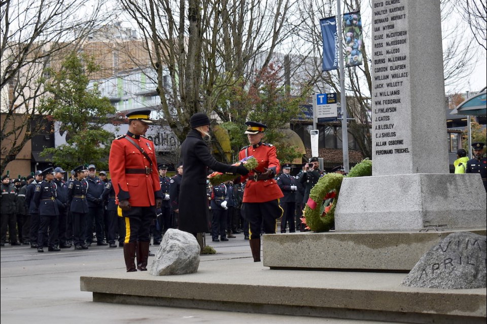 Sylvia Hart, the mother-in-law of Const. Shaelyn Yang, laid a wreath on behalf of Silver Cross Mothers at the Richmond cenotaph on Nov. 11.