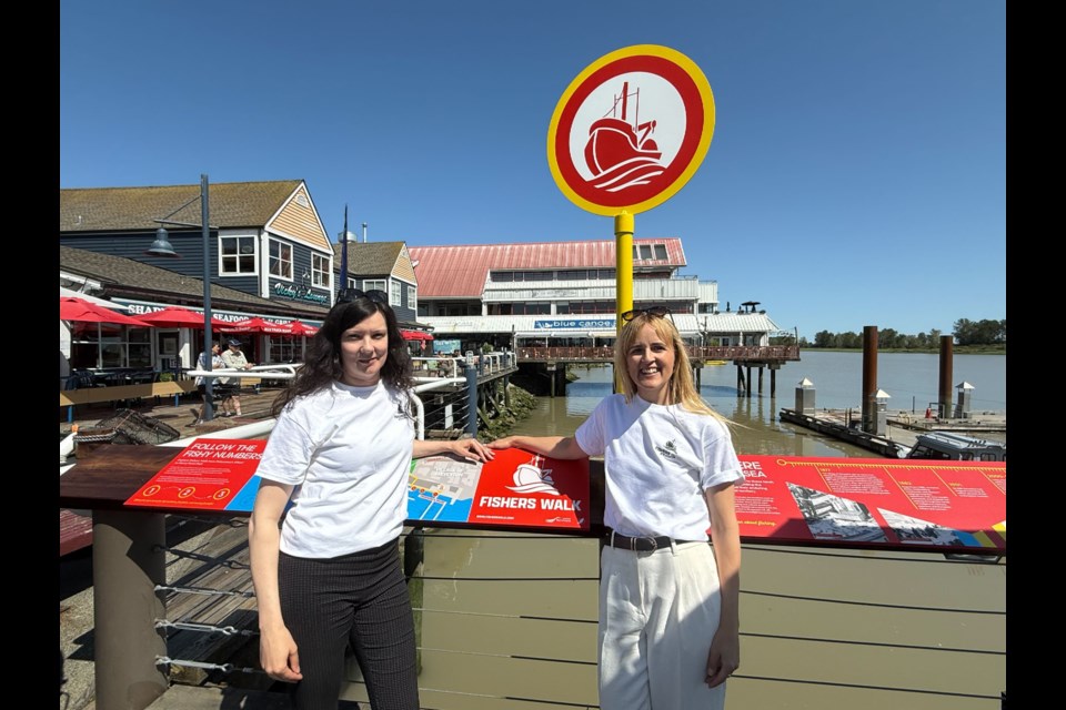 Jaime Gusto, general manager of Steveston Harbour Authority (left), and Nancy Small, CEO of Tourism Richmond, announced Steveston's newest educational installation, the Fishers Walk.