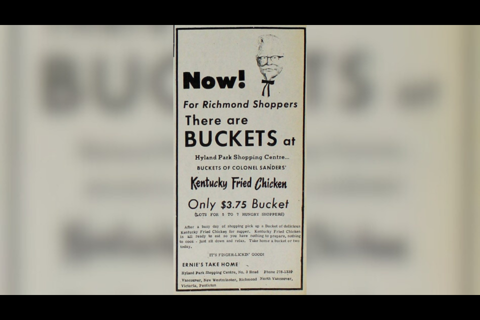 An ad for Ernie's Take Home's Hyland Park location in the Richmond Review from 1965.