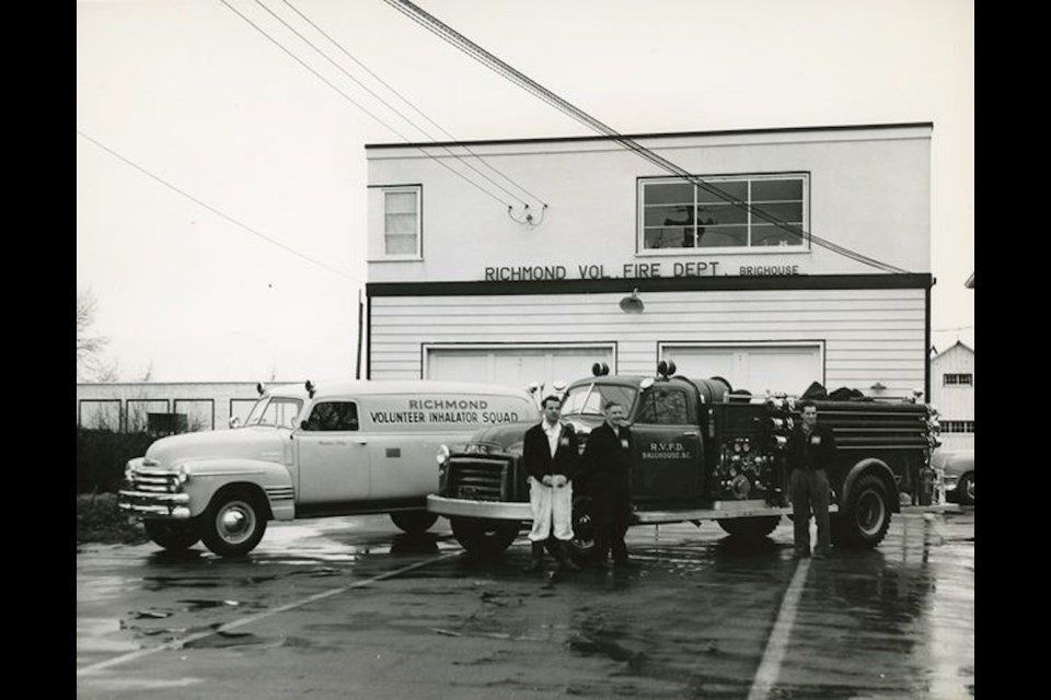 Volunteer firefighters at the Brighouse Fire Hall in 1956.