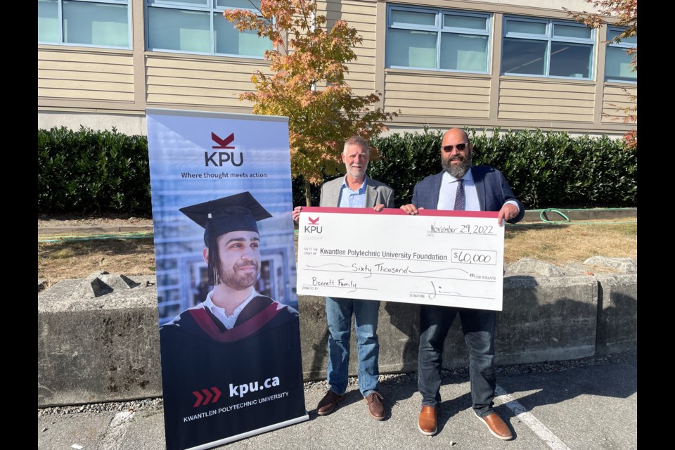 Jim Bennett (left) making a donation to this year's KPU Giving Tuesday campaign.