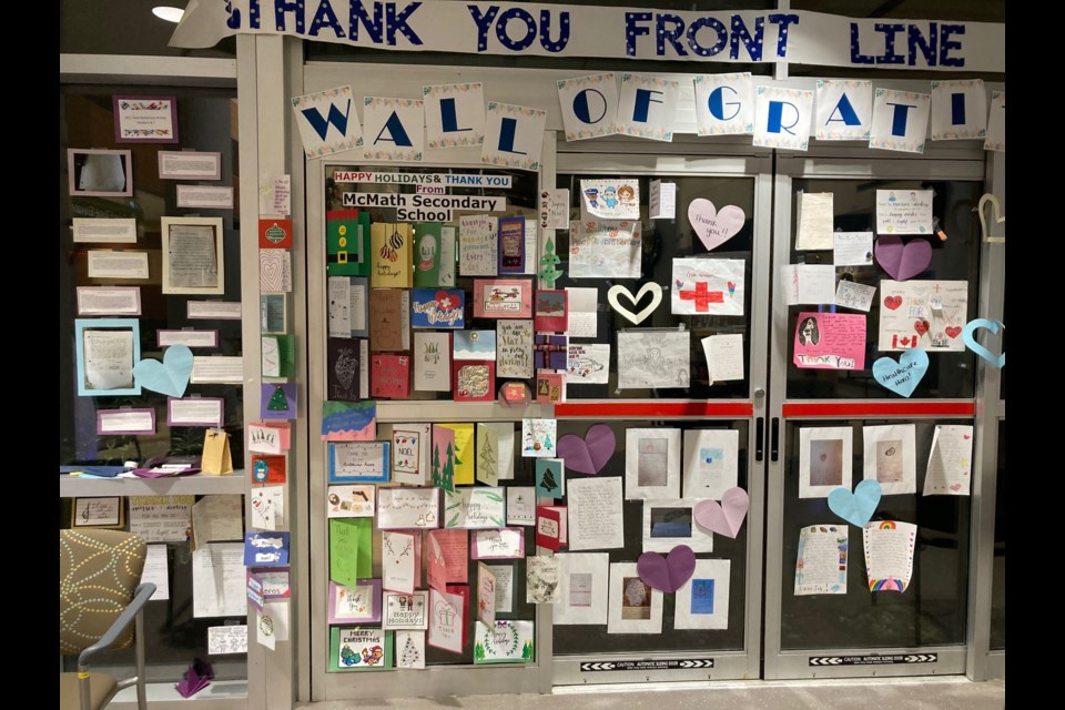 Richmond Hopes For Hospitals' cards on display on Richmond Hospital's gratitude wall.