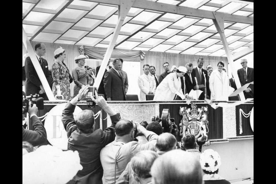 Queen Elizabeth II cuts the ribbon at the opening of the Deas Island Tunnel (later renamed George Massey) in 1959