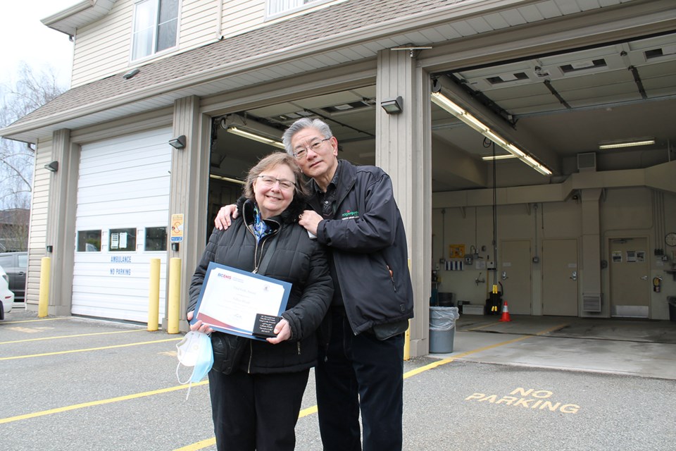 Lillian and Edmund Hsiah outside the Richmond Ambulance Station 269 after receiving the Vital Link Award.