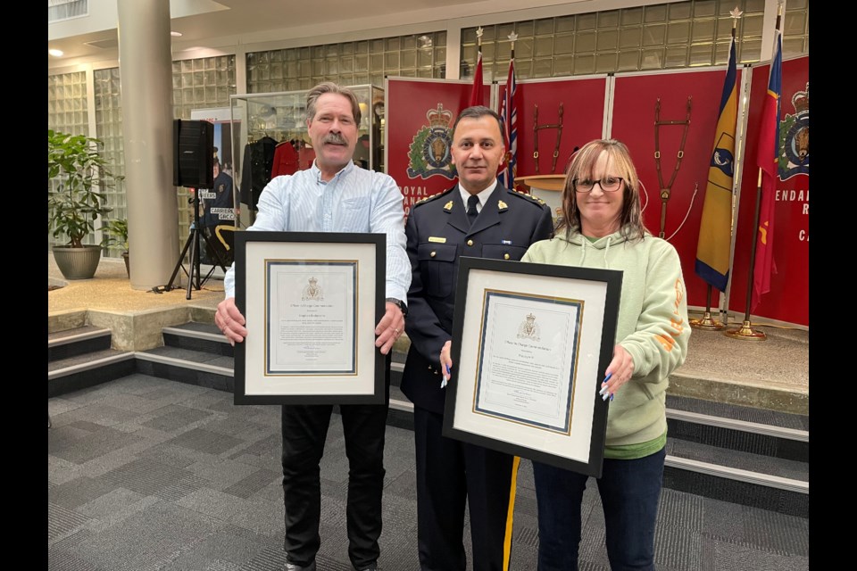 Stephen Baskerville (left) and Tracey Hill (right) were two of three individuals awarded by the Richmond RCMP for helping catch a suspect and tend to an injured officer in February 2022.