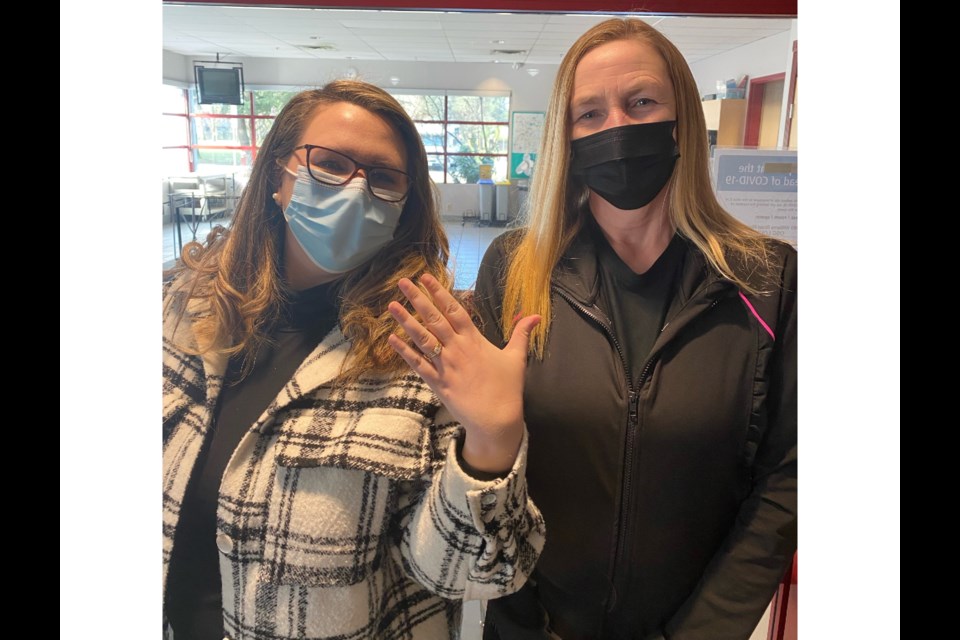 Sarah Mailhot (left) is reunited with her engagement ring, thanks to Charlaine Badock
