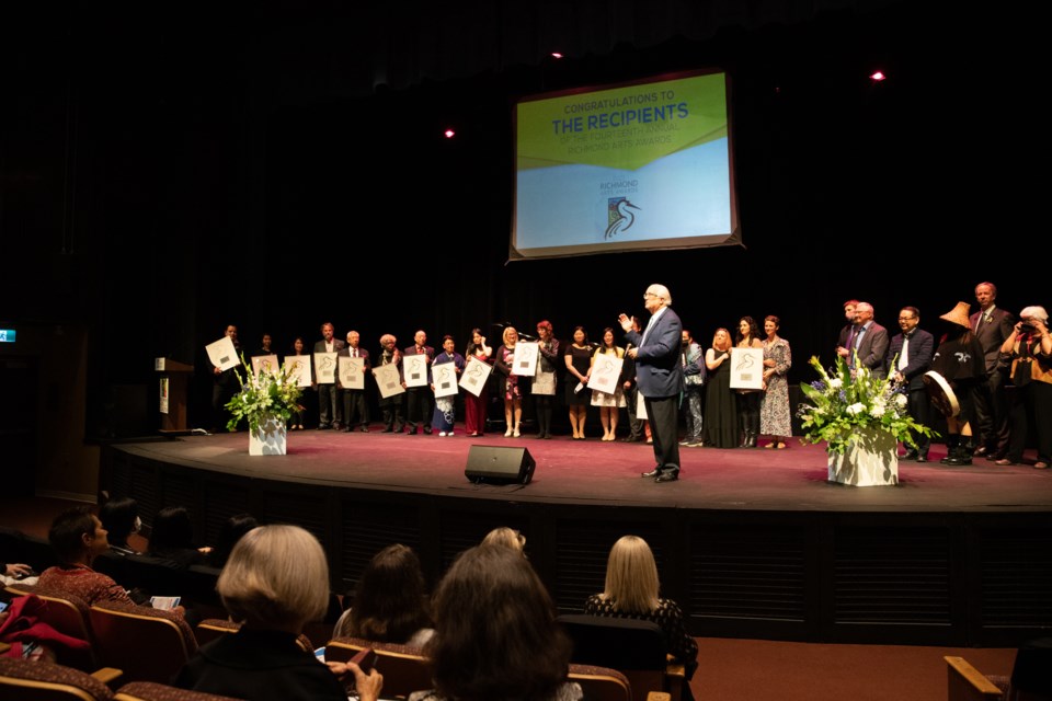 Mayor Brodie with members of Council and Elder Mary Point celebrating the Richmond Arts Awards recipients for 2022, 2020, and 2021.