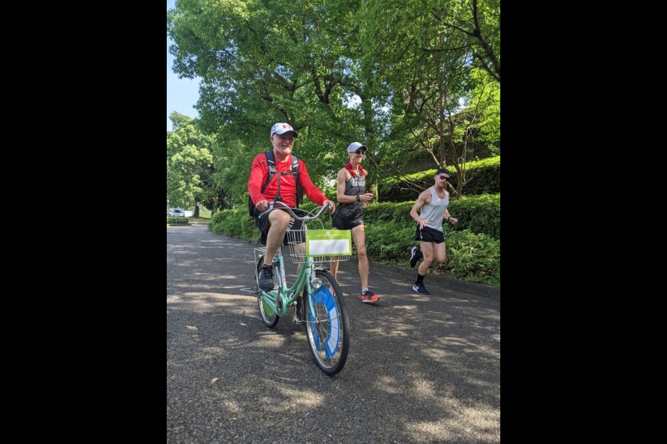 Evan Dunfee (centre) in training in Japan ahead of his big tilt at getting to the podium in the 50K racewalk next Thursday