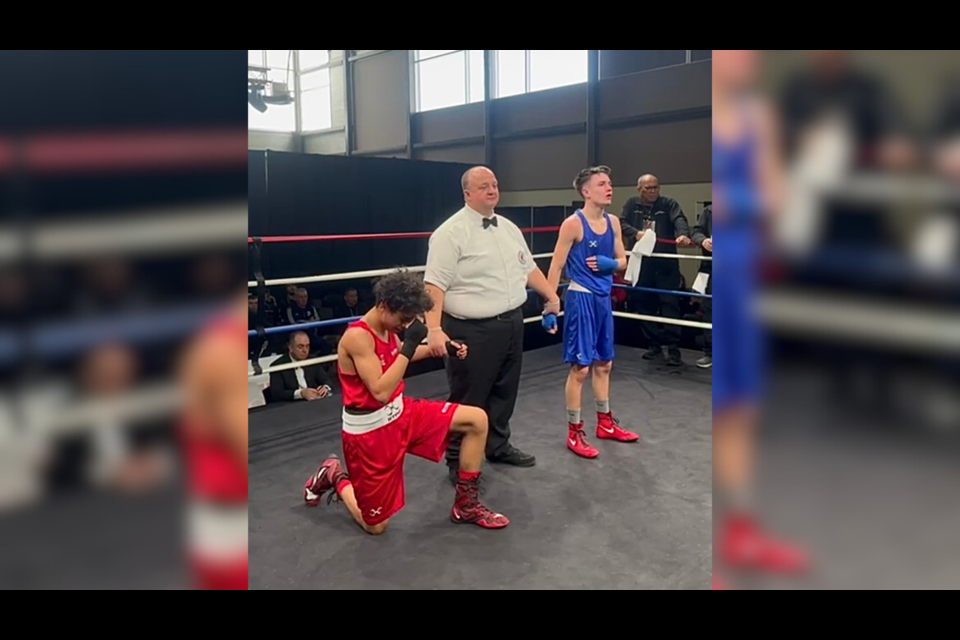 Julian Angelakis' (left) emotional win representing Team BC in the 54 kg weight class at the 2024 Canadian Junior and Youth National Championships.