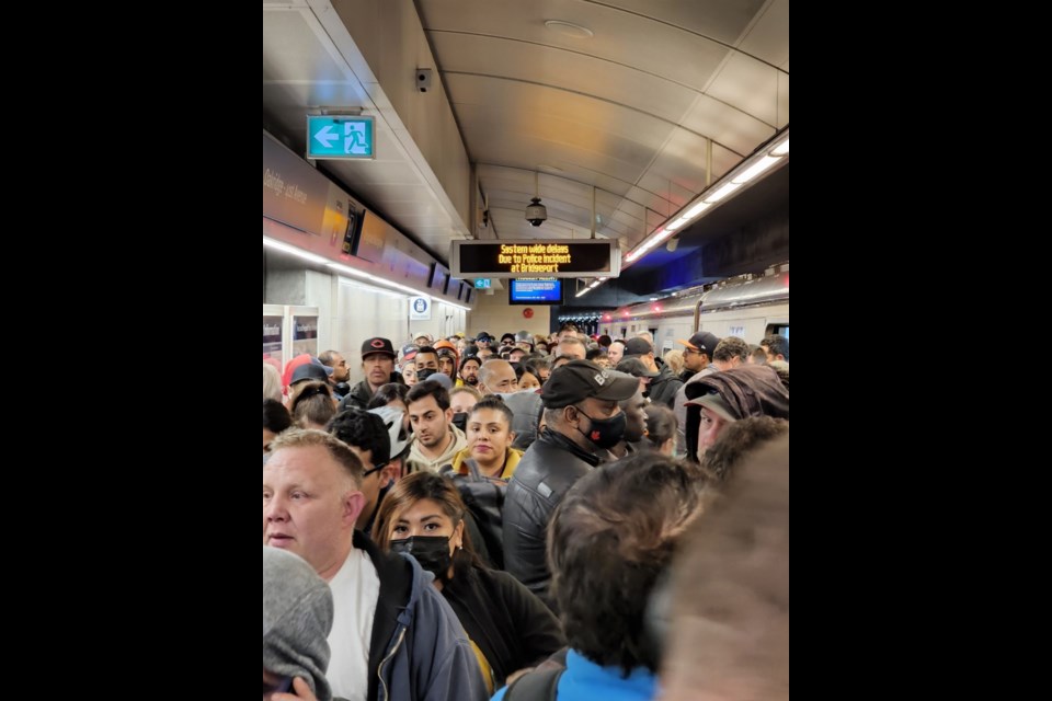 This was the crowded scene at Oakridge station on Thursday morning after the Canada Line was shut down between Bridgeport and Langara stations