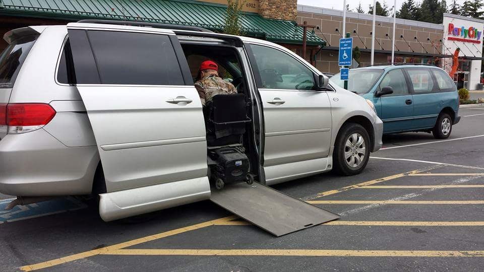 An example of a van-accessible parking spot with markings to indicate the extra wide space.