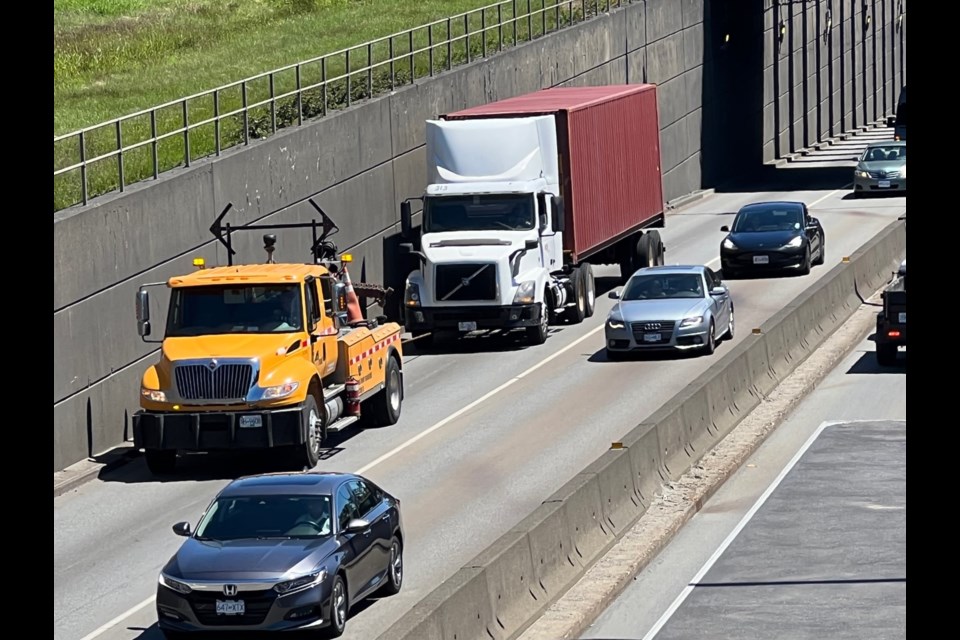Richmond News reader Terry Crowe was on the spot to take this shot of a stalled truck being cleared from the northbound lane of the Massey Tunnel on Wednesday afternoon