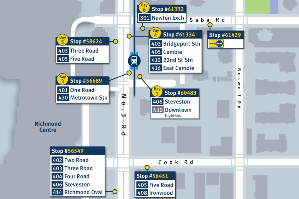 A map of the temporarily relocated bus stops during the one-month closure at the Richmond-Brighouse bus loop.