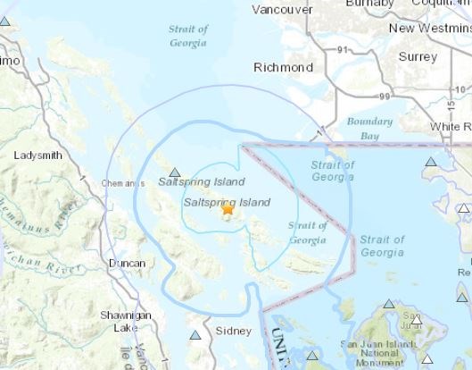 The star on Salt Spring Island marks the epicentre of this morning's earthquake, which was felt across Vancouver Island and in Richmond and Vancouver