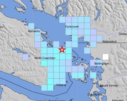 The green and pink blocks show the concentration of where people reported to the USGS feeling the earthquake, including in Richmond and Vancouver